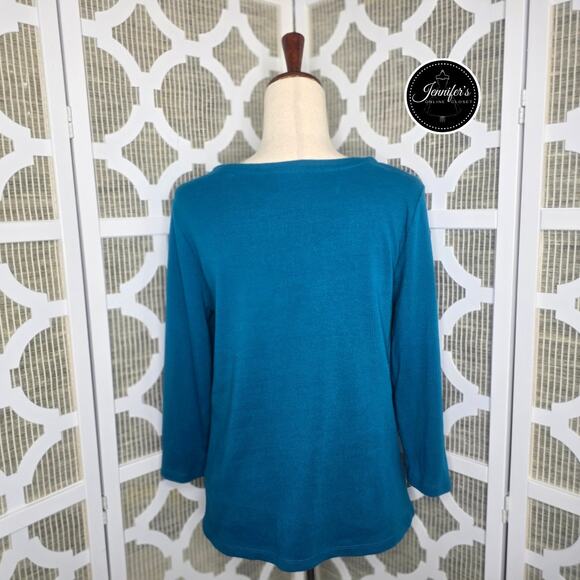 Rafaella Teal and Black Gold Button Detail 3/4 Sleeve Knit Top Size PM - Picture 7 of 10